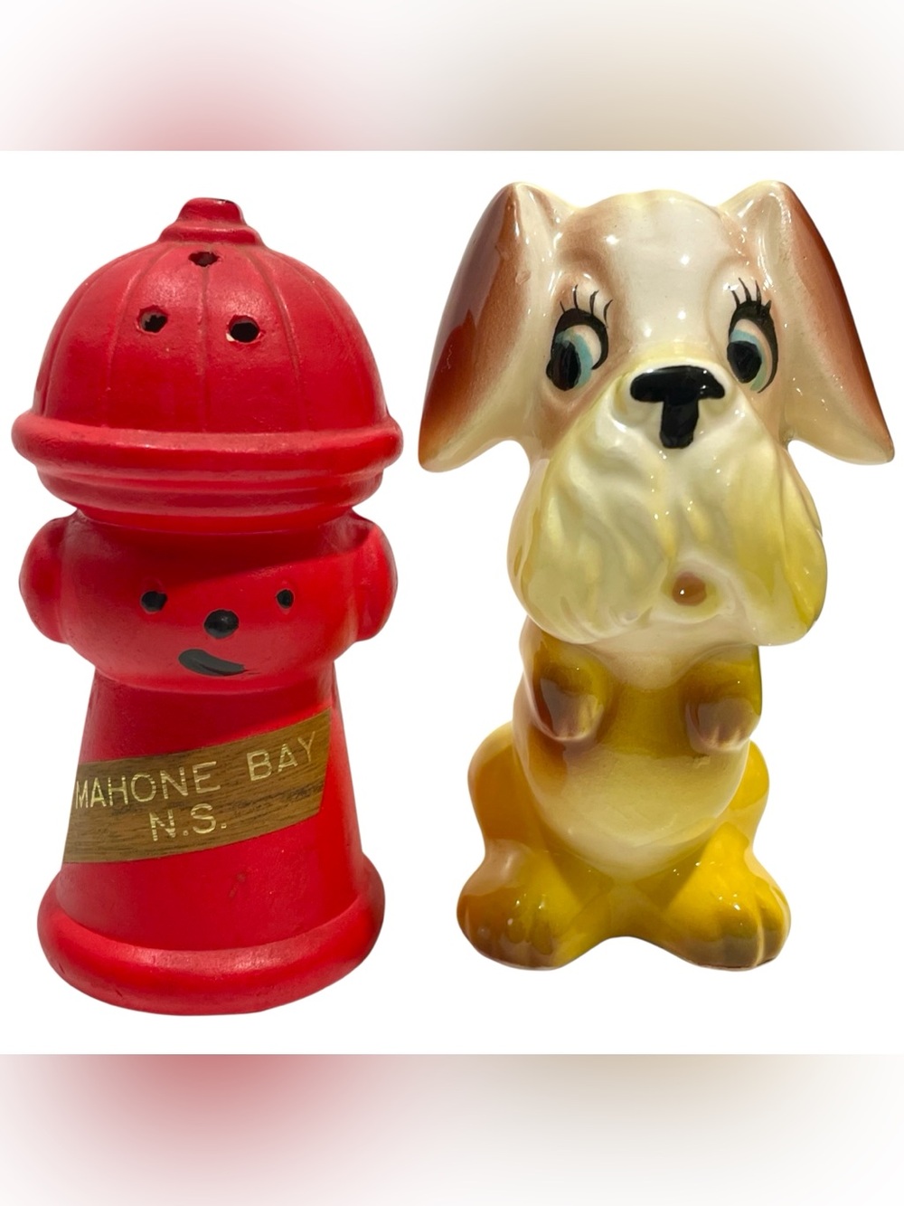 Vintage 1970s Anthropomorphic Dog and Fire Hydrant Salt and Pepper Shakers Set